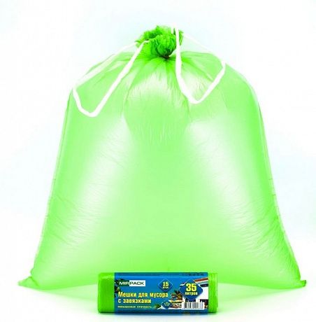Пакеты для мусора с завязками 35 л, 15 мкм, 15 шт, ПНД, зеленые, VIP - Вид 2