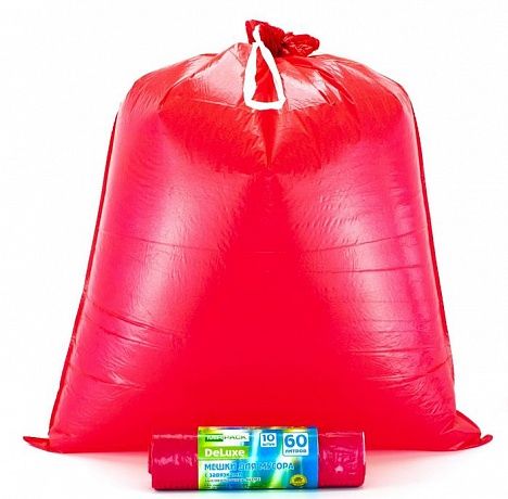 Мешки для мусора с завязками 60 литров, 35 мкм, 10 штук, ПCД, красные - Вид 2