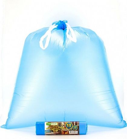 Пакеты для мусора с завязками 60 литров, 15 мкм, 10 шт. ПНД, синие, для среднетяжелого мусора прямое дно + ленты для затягивания - Вид 2