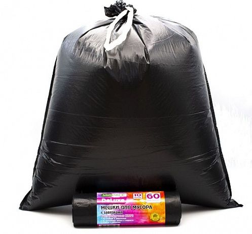 Мешки для мусора 60 литров с завязками, 30 мкм, в рулоне 10 штук, ПСД, черные 50х60 см, 3 слоя, Deluxe - Вид 2